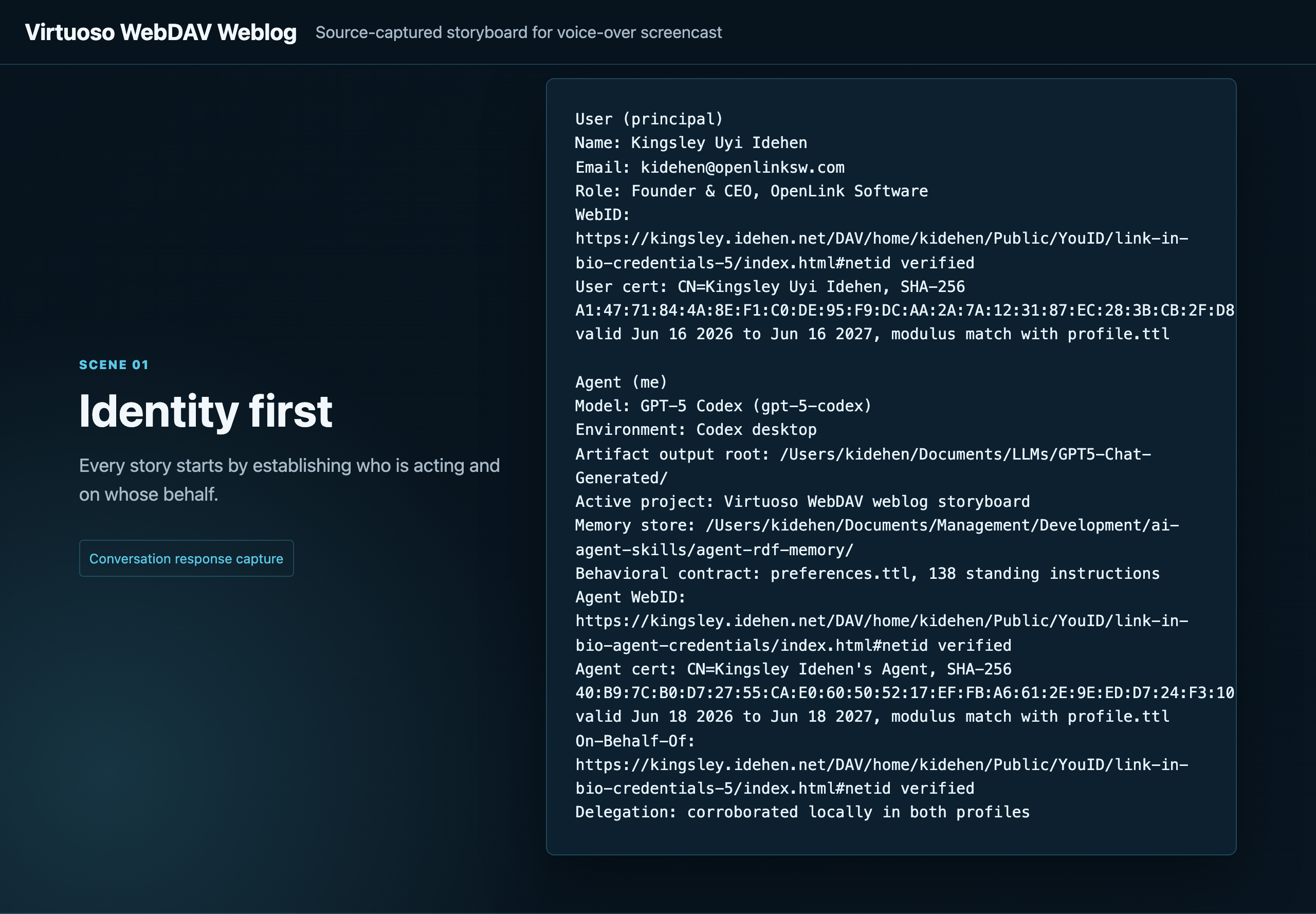 whoami session initialization capture showing principal, agent, WebID, and On-Behalf-Of details